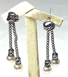 Silver Tone Simulated Pearl Drop Earrings Rope Detail Post Close 2" Long - Picture 1 of 5