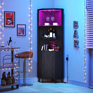 Bar Corner Liquor Cabinet Wine Storage Stemware Rack with LED Light Dining Room