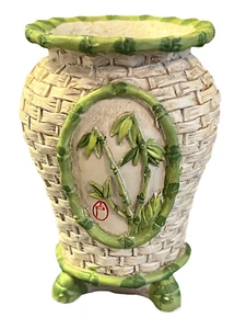 Panda Garden Ceramic Vase Faux Bamboo Basket Weave 3.75" tall Woven Design - Picture 1 of 5