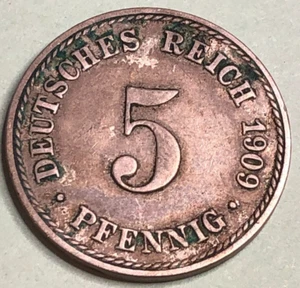 1909 A Alemania 5 Pfennig * Moneda Águila Imperio Alemán * Deutsches circulados - Imagen 1 de 3