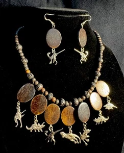 Unique VTG Wood And Pewter Dinosaur Statement Necklace And Dangle Earring Set - Picture 1 of 7