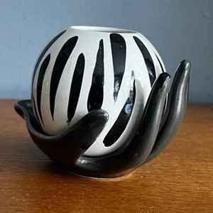 Vintage Zebra Striped Ball In Hand Pottery Vase Retro 1960s zebrette? - Picture 1 of 10