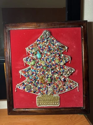 Vintage Framed Jewelry Christmas Tree Folk Art Mosaic Large Brooch Velvet - Image 1 of 4