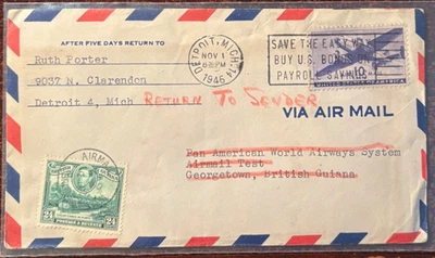 1946 Pan Am flight #C27 Detroit to British Guiana  November 1st cancel - Image 1 of 2