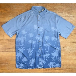 Vintage Mens Hawaiian Shirt Size XL 1990s Blue Geometric Palm Tree Print Rayon - Picture 1 of 3
