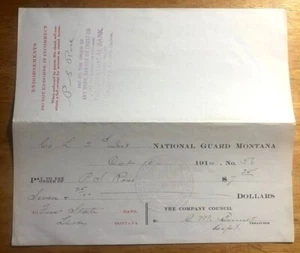 Guardia Nacional Montana 1er Banco Estatal Libby a P S Rose Firmado Capitán Bennett 1914 - Imagen 1 de 3