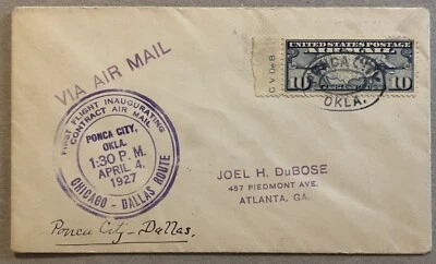 1927 PONCA CITY ОКЛАХОМА ОБЛОЖКА ПЕРВЫЙ ПОЛЕТ CACHET, МАРКА С C V DEB НА ВКЛАДКЕ - Изображение 1 из 4