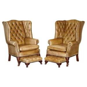 PAIR OF VINTAGE TAN BROWN LEATHER CHESTERFIELD WINGBACK CHAIRS WITH FOOTSTOOLS - Picture 1 of 24