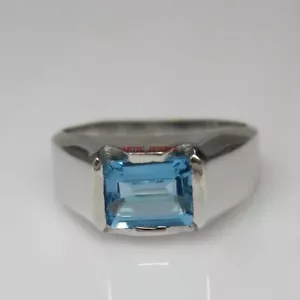 Natural Blue Topaz Gemstone with 14K White Gold Plated Silver Ring for Men AJ381 - Picture 1 of 12