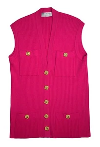 Gilet ST JOHN Collection Marie Gray M Cardigan Fucsia Rosa Bottoni Oro Lavorati a Maglia In perfette condizioni - Foto 1 di 4