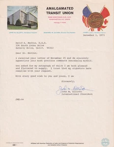 John M. Elliott, Int'l President of the Amalgamated Transit Union, signed letter - Picture 1 of 1