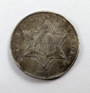 1860 Three Cent Silver Piece Very Fine VF Details - Damaged - Picture 1 of 8