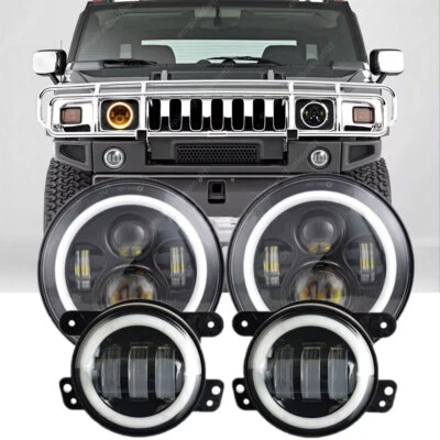 For Hummer H2 H3 H3T 06-10 7" LED Headlights 4" Fog Lights Combo Halo Angel Eyes - Image 1 of 4
