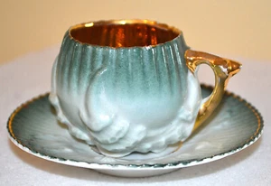 DELICATE PORCELAIN VINTAGE ANTIQUE CUP & SAUCER ACORN OAK LEAF GOLD WASH SET - Picture 1 of 8