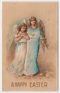  Two Angels one w Flocked Silk Gown ~ Embossed Antique A Happy Easter Postcard - Picture 1 of 2