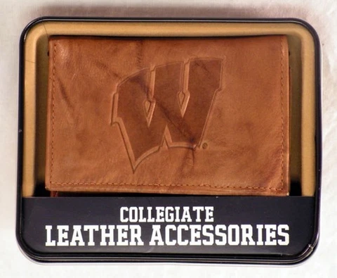 Wisconsin Badgers NCAA Embossed Brown Leather Trifold Wallet NEW in Gift Tin Cover