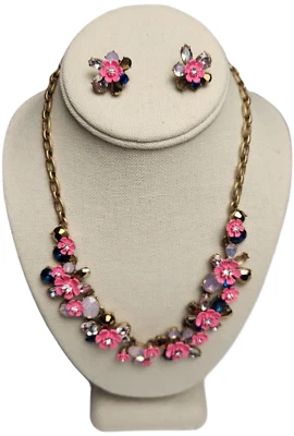 J CREW Floral Flores Estrás Collar Pendientes Conjunto Distintivo Parure LEER Foto 1 de 4