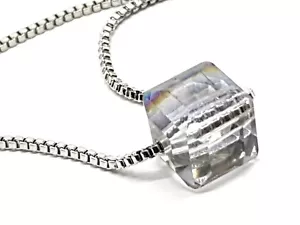 Cube Pendant Austrian Necklace Crystal Aurora Fashion 925 Silver Plated & Box - Picture 1 of 12
