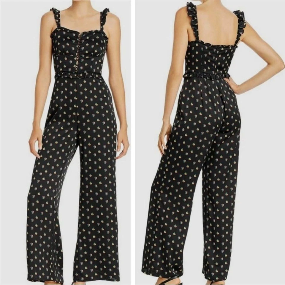 Aqua черный цветочный оборки Sweetheart без рукавов широкие ноги комбинезон размер средний - Изображение 1 из 4