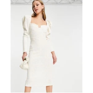 Nuovo ASOS DESIGN costina manica a sbuffo midi bodycon elegante abito da festa donna taglia 4 - Foto 1 di 12