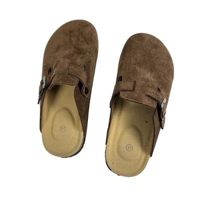 Comfortable Coffee Brown Suede Clogs Slip On Sandals Buckle Size 37 Casual Shoes - Image 1 of 4