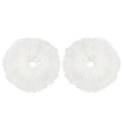 2 Pcs Furry Faux Fur Hair Scrunchies White Artificial Bobbles Elastic Band - Image 1 of 4