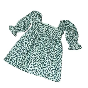 Janie & Jack Green Cheetah Animal Print Bubble Sleeve Dress Baby 12 -18 Months - Picture 1 of 4