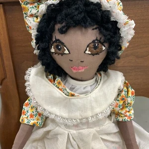 Old Primitive AAFA Black Cloth Rag Doll Folk Art Stitched Face Dress Bonnet - Picture 1 of 9