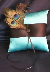 NEW Luxious Bridal PEACOCK Themed Teal & Brown SATIN RING PILLOW 7.3"x7.3"  - Picture 1 of 4
