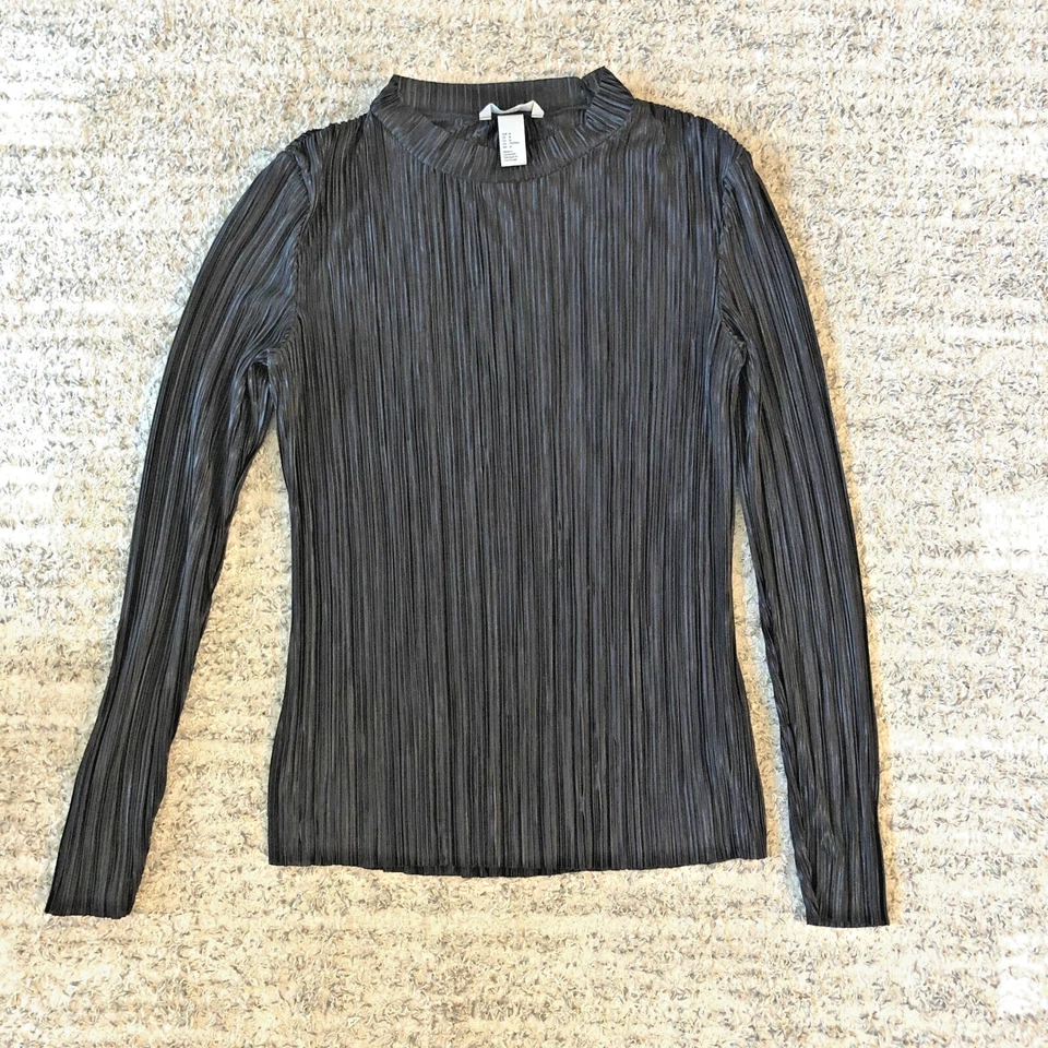 H&M Pleated Top Mock Neck Long Sleeve Blouse Women's Medium Elegant Black - Image 1 of 4