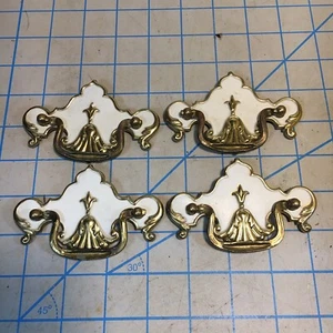 Set of 4 Vintage White & Brass Metal Drawer Pulls – Mid-Century Modern Cabinet - Picture 1 of 12