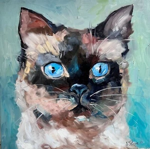 Original Ölgemälde Siam Tabby Katze Portrait Impression Kätzchen signiert Kunst - Bild 1 von 13