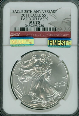 2011 SILVER EAGLE NGC MS70 ER RED LABEL MAC FINEST GRADE MAC SPOTLESS . - Image 1 of 2