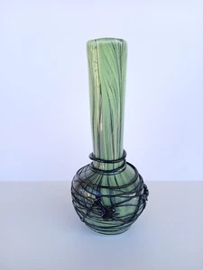 Vintage Art Glass Vase Applied Spiders & Webs Halloween Decor Gothic Spooky 9" - Picture 1 of 12
