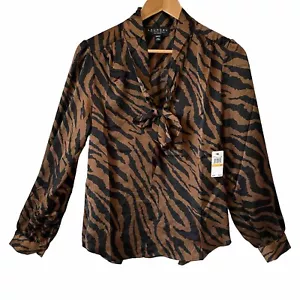 Camicetta Laundry by Shelli Segal stampa animalier taglia piccola maglione marrone collo cravatta nuova - Foto 1 di 10