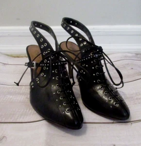 Alaia Black High Heels Pumps Lace up Eyelet Leather 38.5 8.5 Bootie Ankle Strap - Imagen 1 de 9