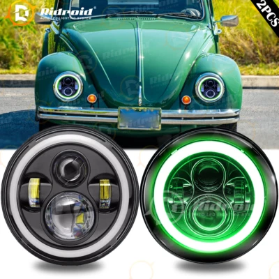Pair DOT LED Headlights Combo&Green+Amber Halo Ring For VW Beetle Classic - Image 1 of 4