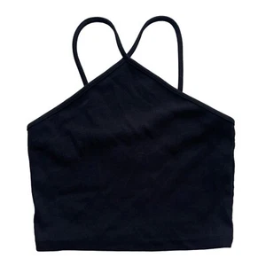 Top corto Zara para mujer grande L LG negro acanalado algodón elastano correa espagueti - Imagen 1 de 14