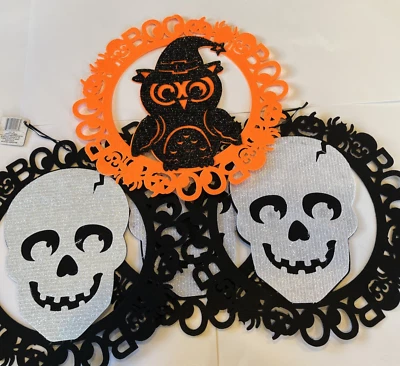 Halloween Fieltro Decoración Pared Mesa Decoración Lote de 4 Negro Esqueleto Búho 14.75" Foto 1 de 4