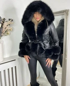 Faux Leather Fur Coat With Hood And Belted Waist - Picture 1 of 2
