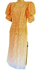 Vintage 90s Pink Lace Puff Sleeve tea length Dress w/slip, sz 10 Orig $350 - Picture 1 of 8