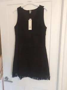 Original Topshop Bnwt Black Real Suede Leather Fringed Shift Dress 10 Western - Picture 1 of 4