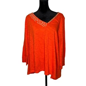 Soft Surroundings Gr. L Village Beauty Top feurig orange Blumen V-Ausschnitt Detail - Bild 1 von 10