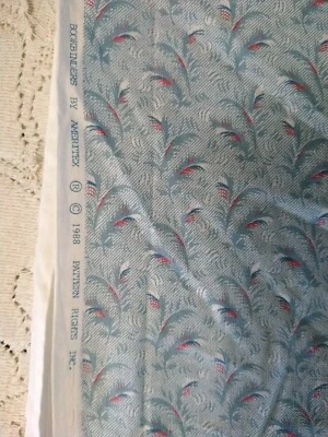 BOOKBINDERS AMERITEX 1988 BLUE LEAF FEATHER PRINT COTTON Fabric 2 Yds + TAILS - Image 1 of 4