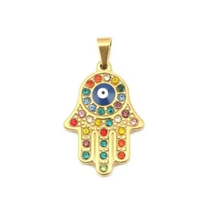Gold Stainless Steel 304 Grade Hamsa Hand Crystal Rhinestone Evil Eye Pendant - Picture 1 of 3