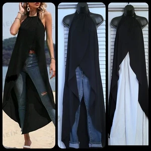 Woman's Black Solid Asymmetrical Hem Halter Top L - Picture 1 of 21