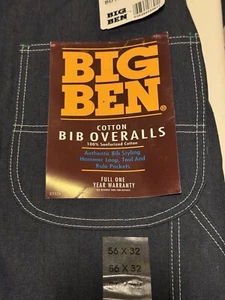 Vintage NOS Denim Bib Overall Sanforized Blue Jean Carpenter 56X32 Big Ben New - Picture 1 of 13