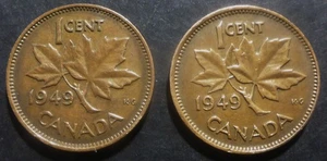CANADA 1949 BOTH VARIETIES A points to dentical COPPER CENTS FREE SHIP WORLDWIDE - Picture 1 of 4