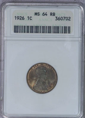 1926 Lincoln Cent 1c ANACS MS64RB - Old Holder - Image 1 of 4