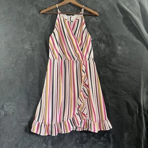 Mi Ami Striped Ruffle Halter Wrap Summer Dress Size M W/ Lining Beachy Vacation - Picture 1 of 11